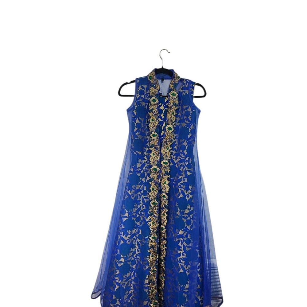 Unbranded Anarkali Dress Set‎ Women 34 Blue Gold Embroidered 2pc Excellent